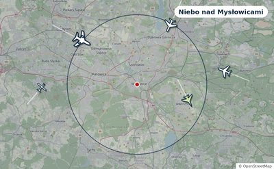 Mapa okolic miasta z sylwetkami samolotów — Niebo nad Mysłowicami